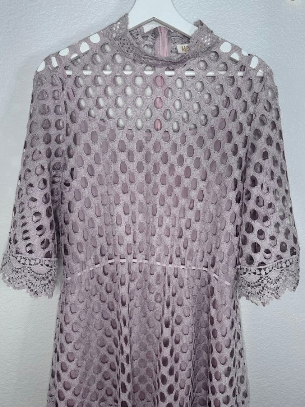 VTG-style METISU Mauve Pink Geometric Eyelet Lace Mock Neck Midi Dress XL